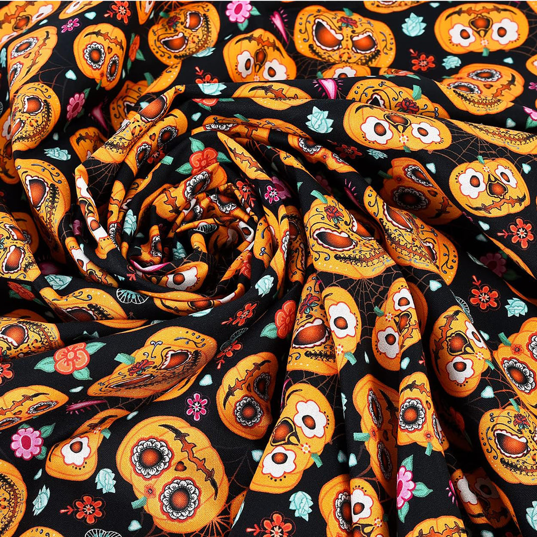 Halloween Cotton Fabric by the Metre – 100% Cotton Pumpkin &amp; Spooky Spider Prints