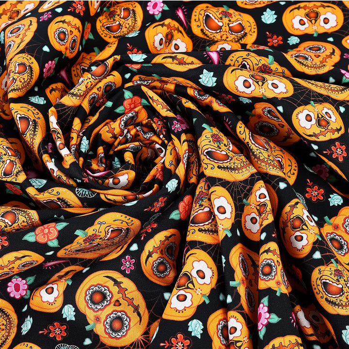 Halloween Cotton Fabric by the Metre – 100% Cotton Pumpkin &amp; Spooky Spider Prints