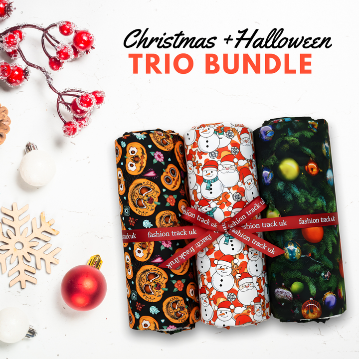 3 Fabric Bundle – Digitally Printed Christmas + Halloween 100% Cotton | 45" Wide (Festive Mix Bundle)