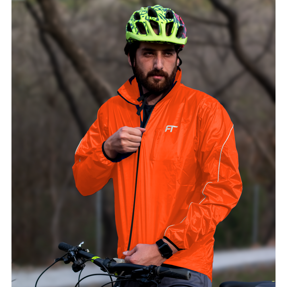 Men s Waterproof Rain Hoodie Cycling Jacket with Detachable Hood Reflective Strips Small Orange