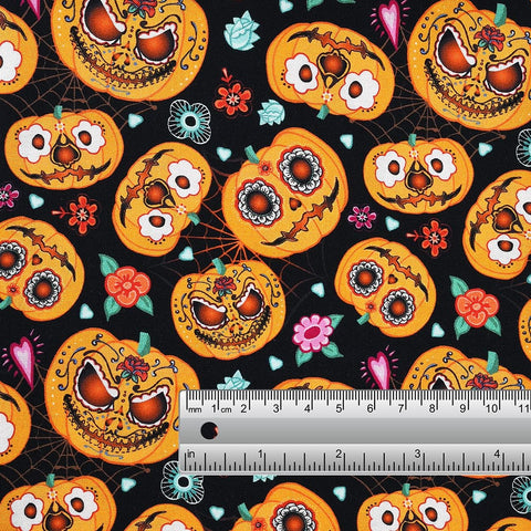 Halloween Cotton Fabric by the Metre – 100% Cotton Pumpkin & Spooky Spider Prints