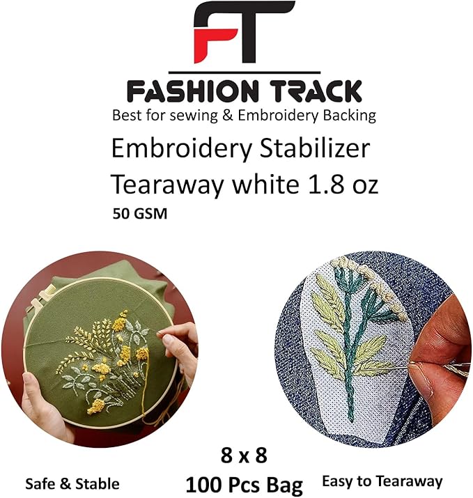 Tear Away Machine Embroidery Stabilizer Backing – 100 Precut Sheets (20 × 20 cm / 8 × 8") – Medium Weight 50 gsm